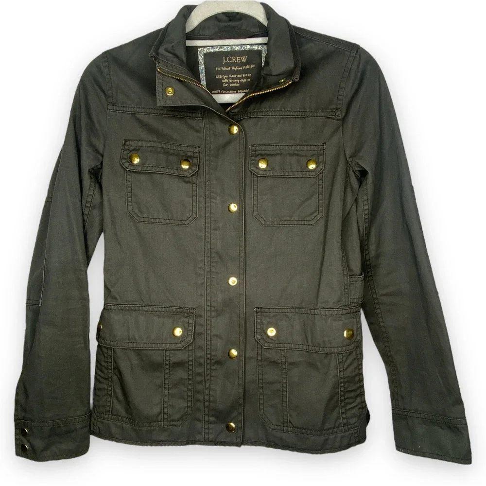 J. Crew Resin Coated Twill Field Olive Green Jacket XXS STYLE: 27584 - Picture 2 of 9